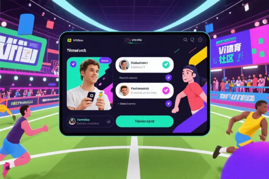 虚拟体育社区活动场景,用户在线上参与问答和互动投票,界面充满活力和运动元素